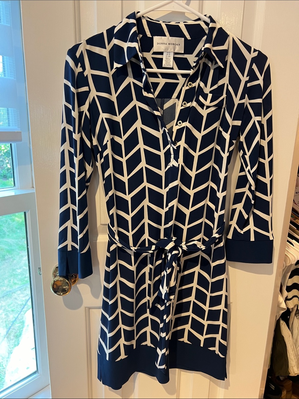 Donna Morgan Navy & White Geometric Midi Shirt Dress
